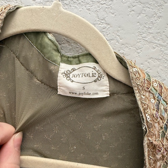 Joyfolie Green Gold Embellished Longline Cardigan Small Boho Luxe Layering Piece - Picture 3 of 5